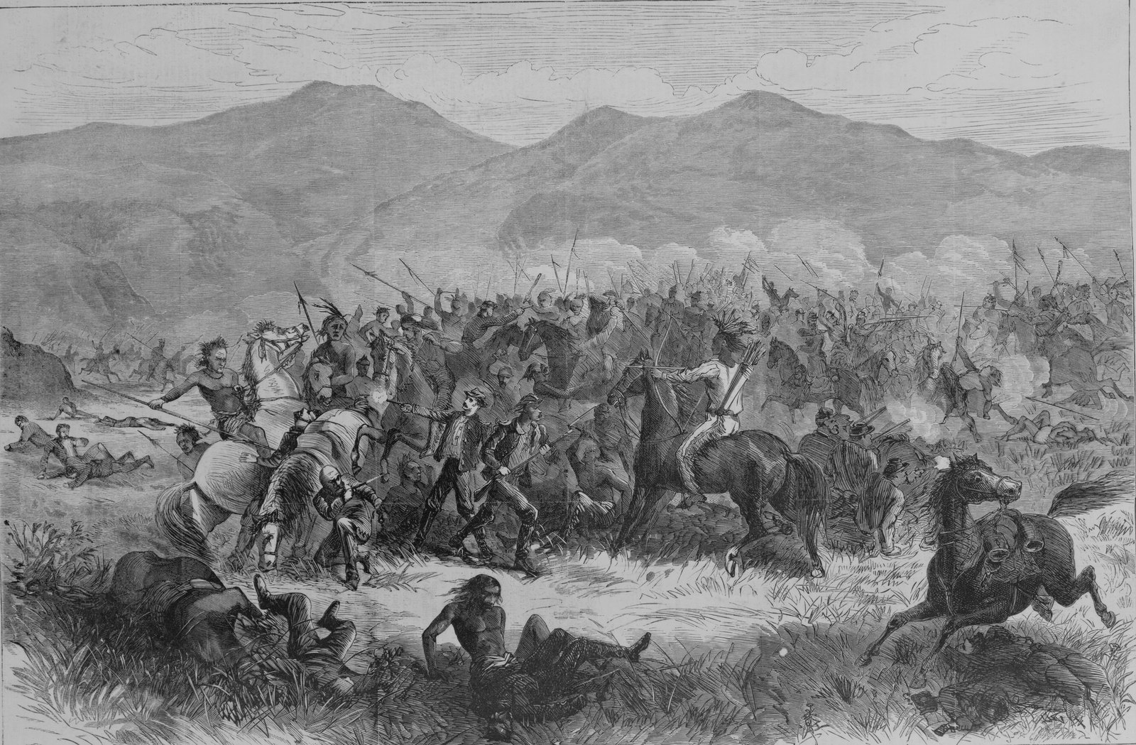 Wood engraving of a close-quarters fight on open grassland below mountains: mounted warriors with lances and feathered headdresses ride among a few soldiers on foot, bodies lie in the grass, and a riderless horse gallops away on the right.