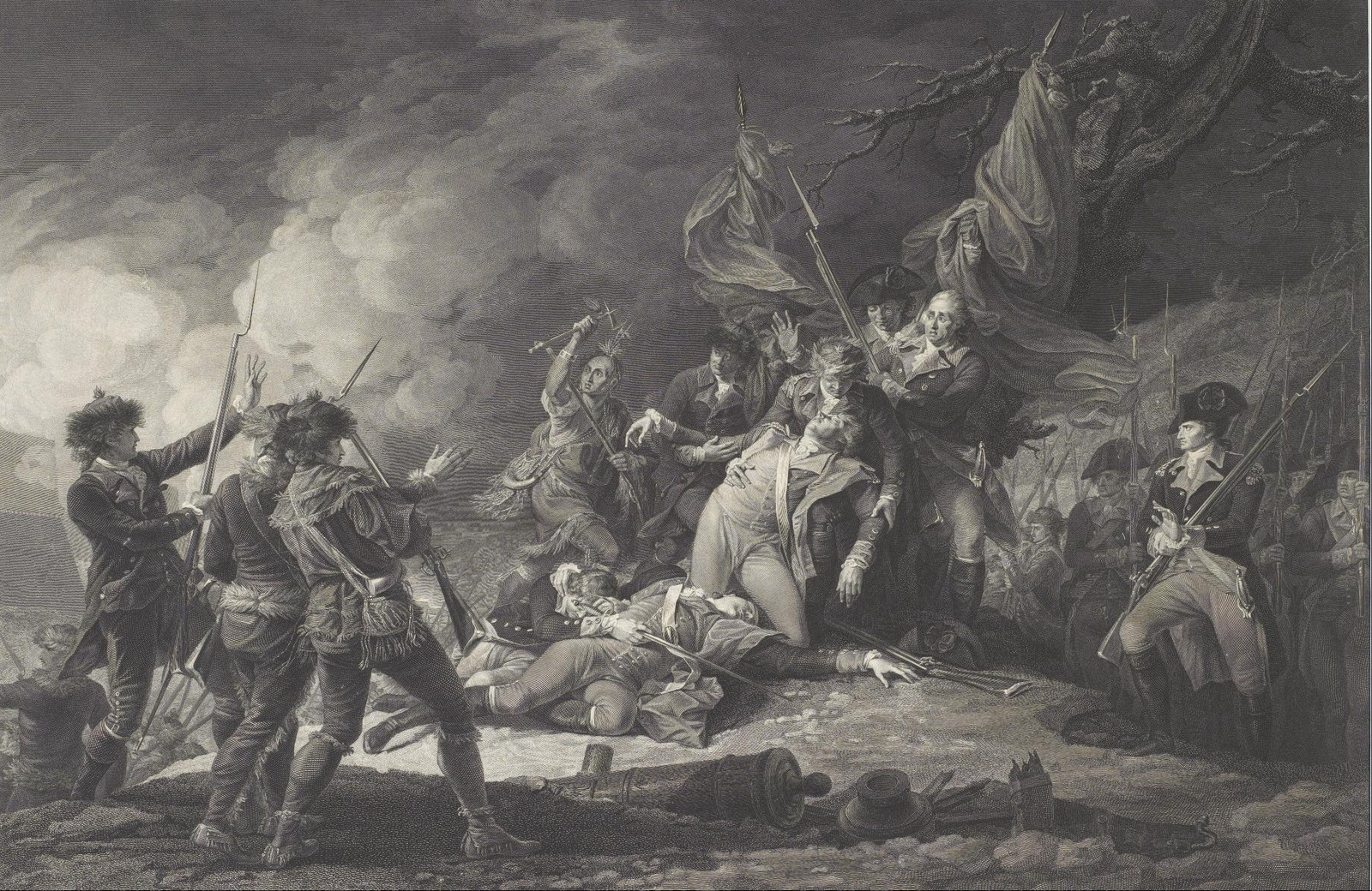 Engraving of a dramatic battle scene under smoke and storm clouds: a dying officer sinks into the arms of his companions beneath torn flags, while soldiers in fur caps and hunting shirts recoil on the left and an officer in a cocked hat stands with a musket on the right.