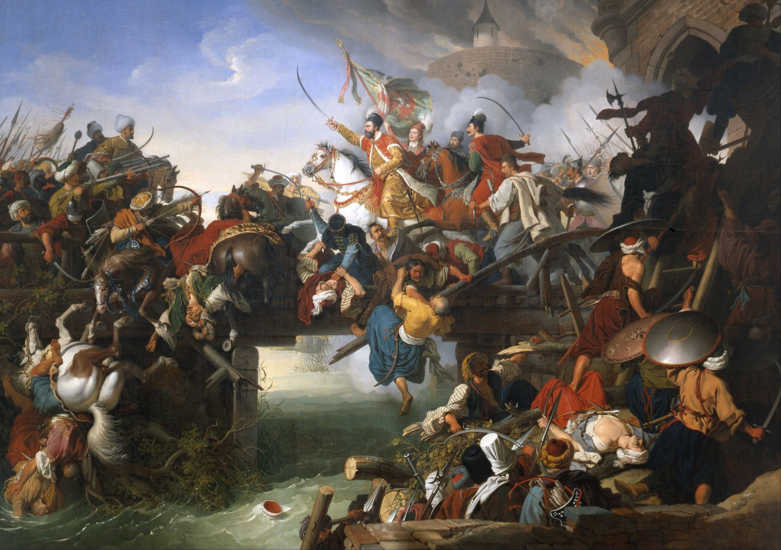 Oil painting of a commander in a gold-embroidered coat on a white horse charging with raised saber across a wooden bridge out of a burning fortress, followed by horsemen under a green banner, while Ottoman soldiers with muskets and bows meet them and men fall into the moat below.