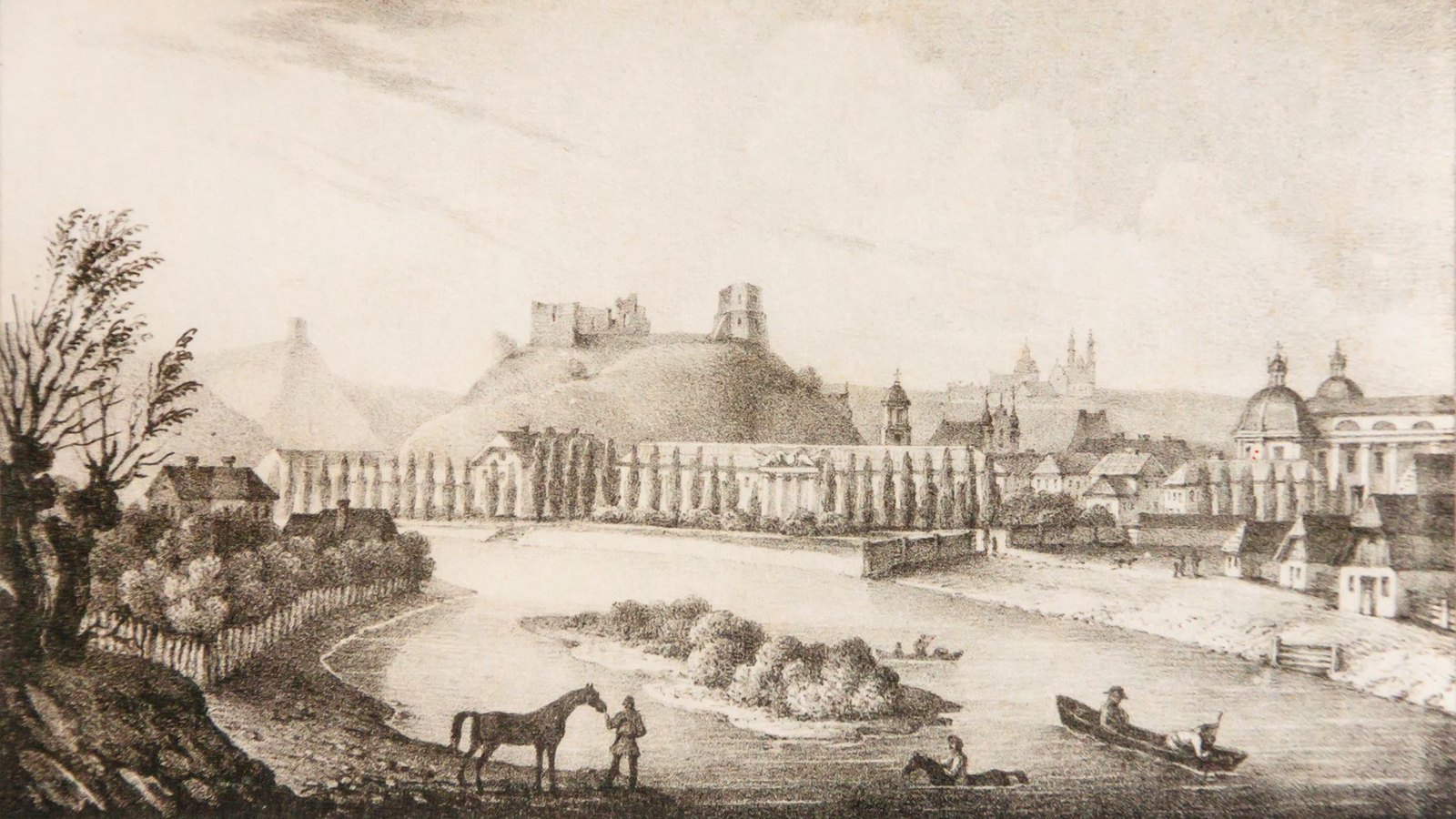 Old lithograph of Vilnius in 1831: a river bend in the foreground with a horse and a rider in the water and a boat, a long arsenal building with poplars behind, and the castle ruins on a hill with church towers.