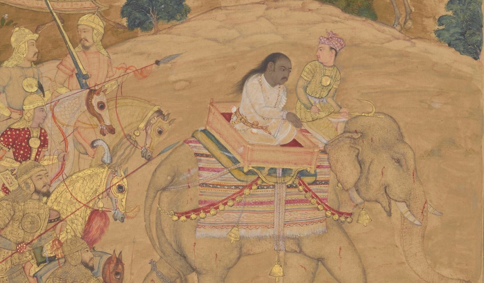 Mughal miniature of a man in white seated in a howdah on an elephant beside a young rider, with armored horsemen carrying lances and bows on the left