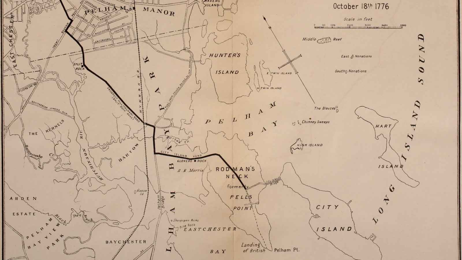 Black and white map of Pelham Bay and the country around it, with Pell's Point, Rodman's Neck, City Island and Split Rock marked and a heavy line tracing the road the troops took.