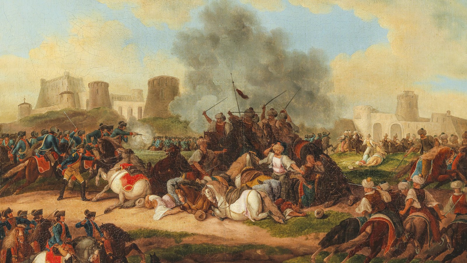 Painting of the Battle of Petrovaradin: Austrian cavalry in blue coats clash with turbaned Ottoman horsemen around fallen men and horses below a fortress with round towers, with smoke rising behind.
