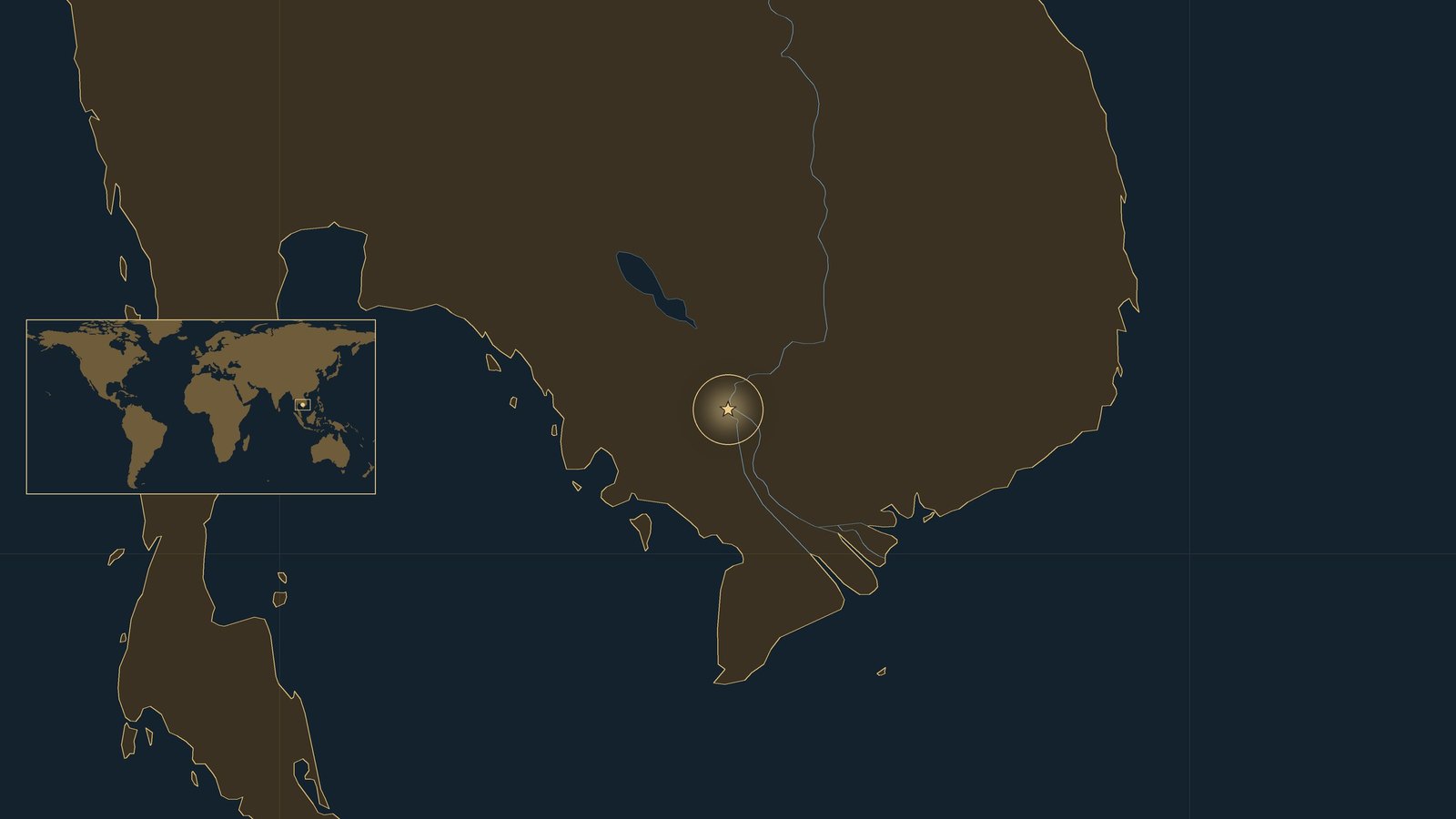 Dark locator map of mainland Southeast Asia with the Gulf of Thailand, the Tonlé Sap lake and the Mekong river running to its delta, a gold star on Phnom Penh, and a small world map inset.