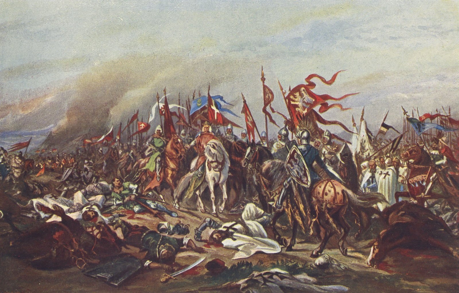 Colour plate of the Battle of Plowce, 27 September 1331: King Wladyslaw Lokietek on a white horse among Polish knights and banners, with fallen Teutonic Knights in white mantles in the foreground