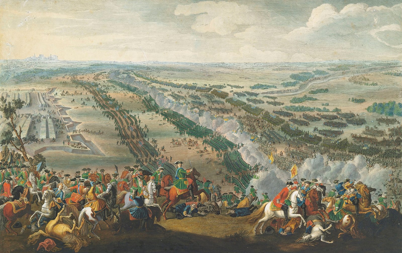 Russian and Swedish infantry clashing on the open plain outside Poltava in 1709