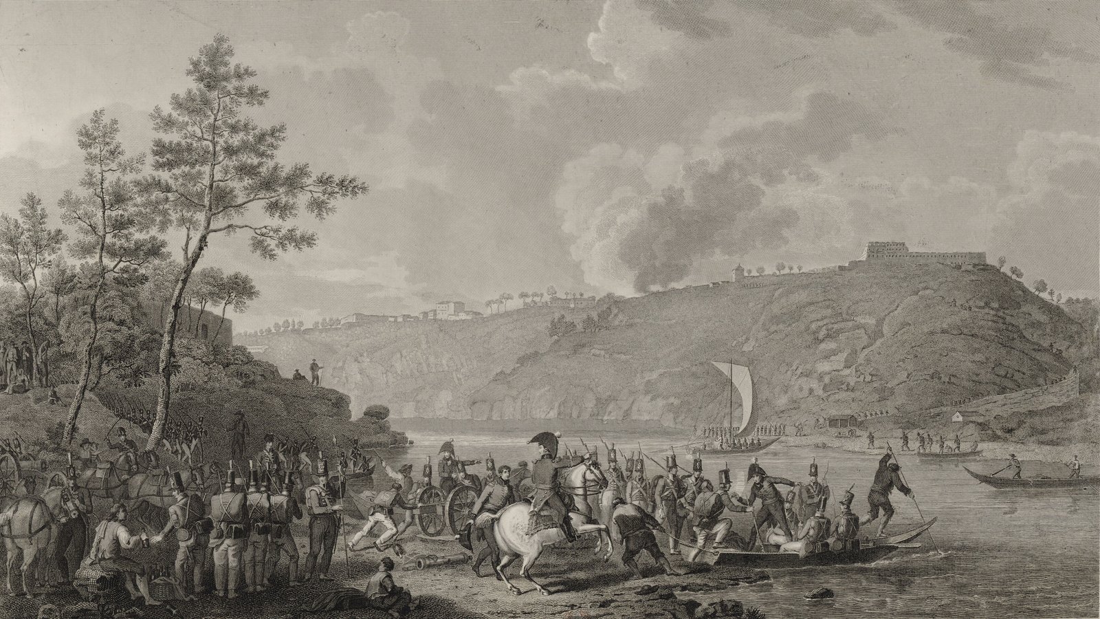 Early nineteenth-century engraving of British troops embarking in boats on the bank of the Douro, an officer on a white horse among them, while boats already cross the river toward a steep hill crowned by a large building and smoke rises over the far bank.
