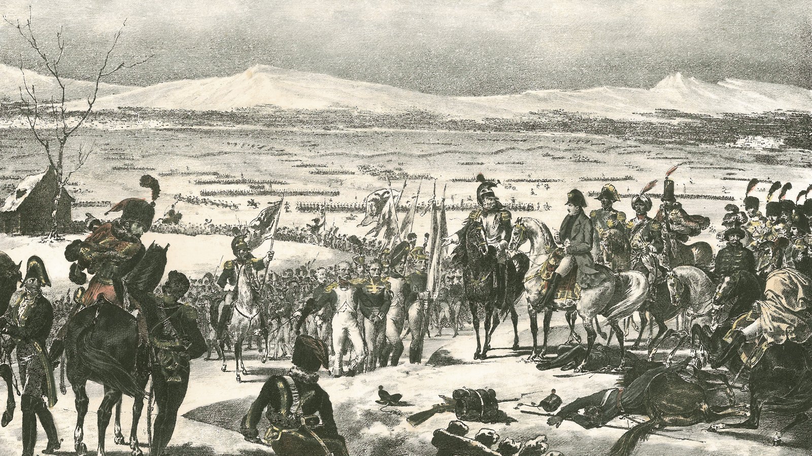 Colored print of a snowy plain with distant lines of troops, a mounted general in a gray coat and his staff in the foreground, a fallen horse and a soldier in a bearskin beside them.