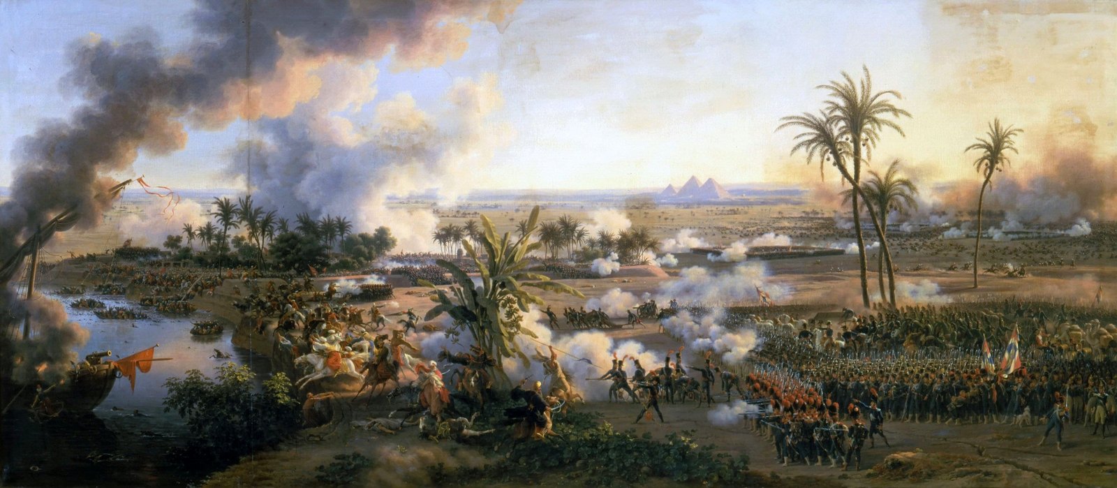 Panoramic painting of a battle on the bank of the Nile, French infantry in dense formations firing at Mamluk horsemen among palm trees, with the pyramids of Giza on the horizon and smoke rising over the river.