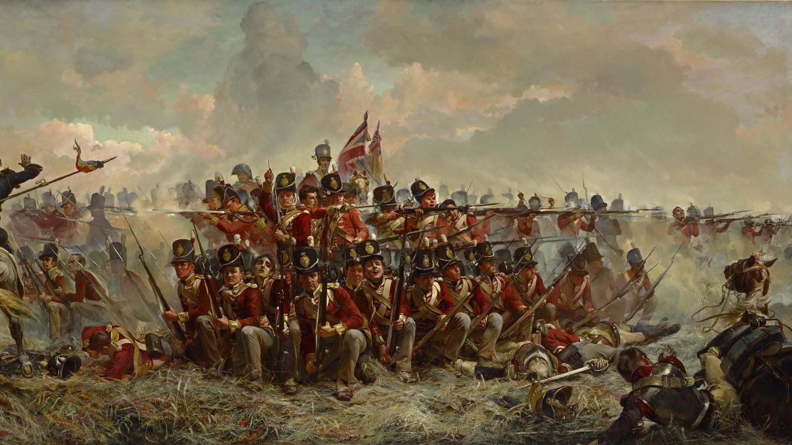 Painting of British redcoats kneeling and firing in a tight square on trampled rye under a cloudy sky, as French cuirassiers charge and fall around them
