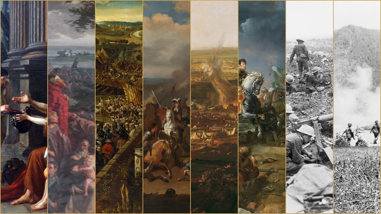 A collage of eight battle scenes, from antiquity to the Second World War
