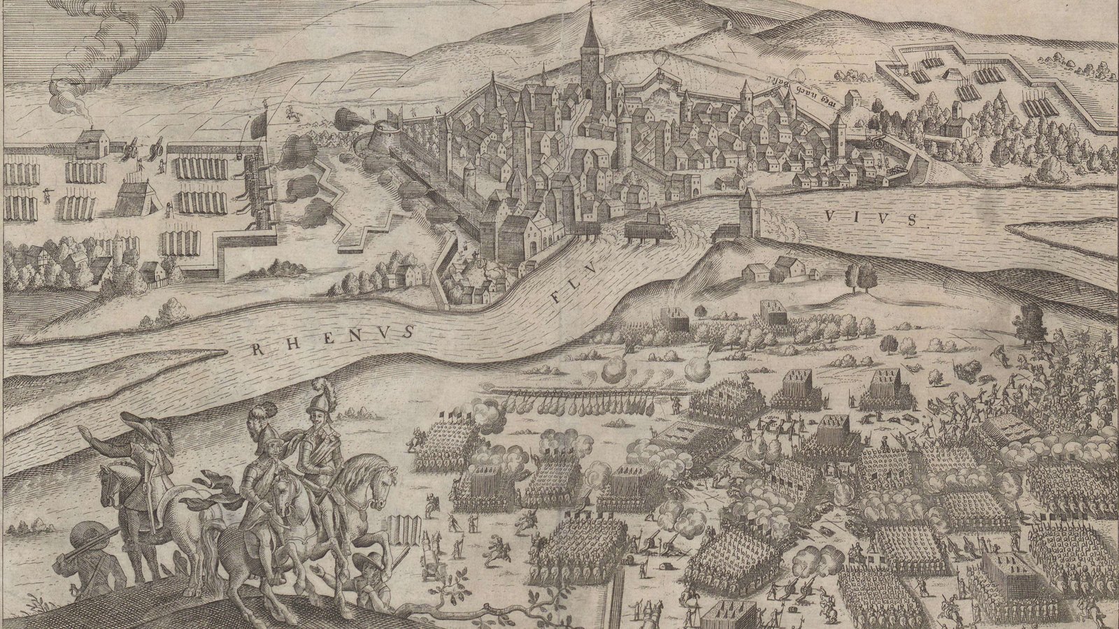 Seventeenth-century engraving of a walled town on the Rhine with a church spire, fortified camps on both banks, and in the foreground blocks of pikemen and cavalry fighting in the fields while three horsemen watch from a hill.