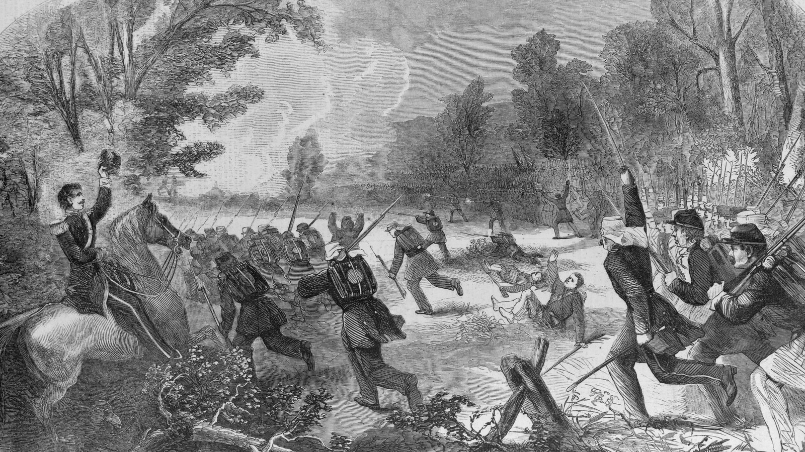 Wood engraving of Union infantry charging through woods and a clearing toward a log breastwork, led by a mounted officer waving his hat, with fallen soldiers on the ground.
