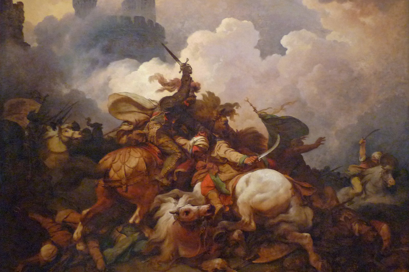 Painting by Philippe-Jacques de Loutherbourg of Richard the Lionheart, sword raised, fighting Saracen horsemen in a cloud of battle smoke