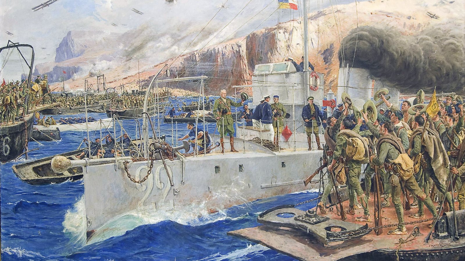 Painting of soldiers cheering from a crowded barge beside a gray torpedo boat numbered 22, with landing craft, aircraft and smoke under a rocky coast.