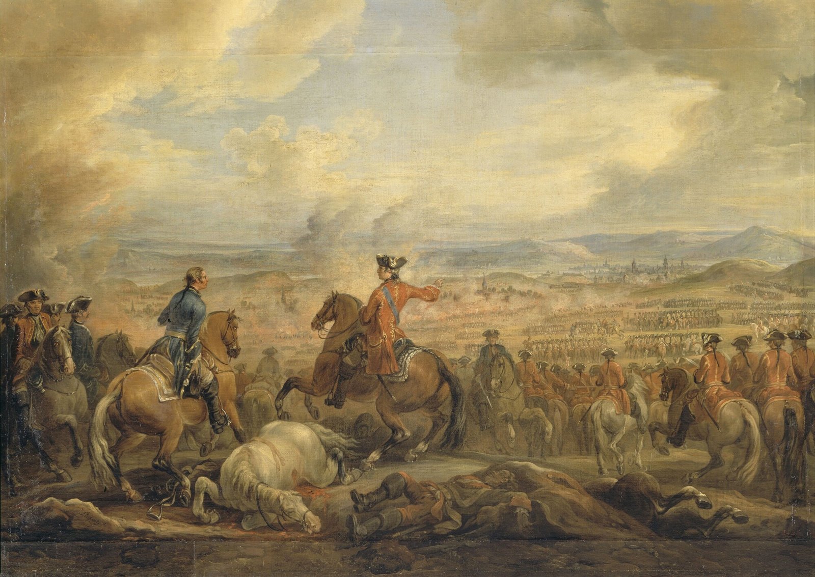 Eighteenth-century painting of officers on horseback on a rise, one in a red coat pointing across a wide valley full of troops and gunsmoke towards a distant town, with a fallen white horse and dead soldiers in the foreground.