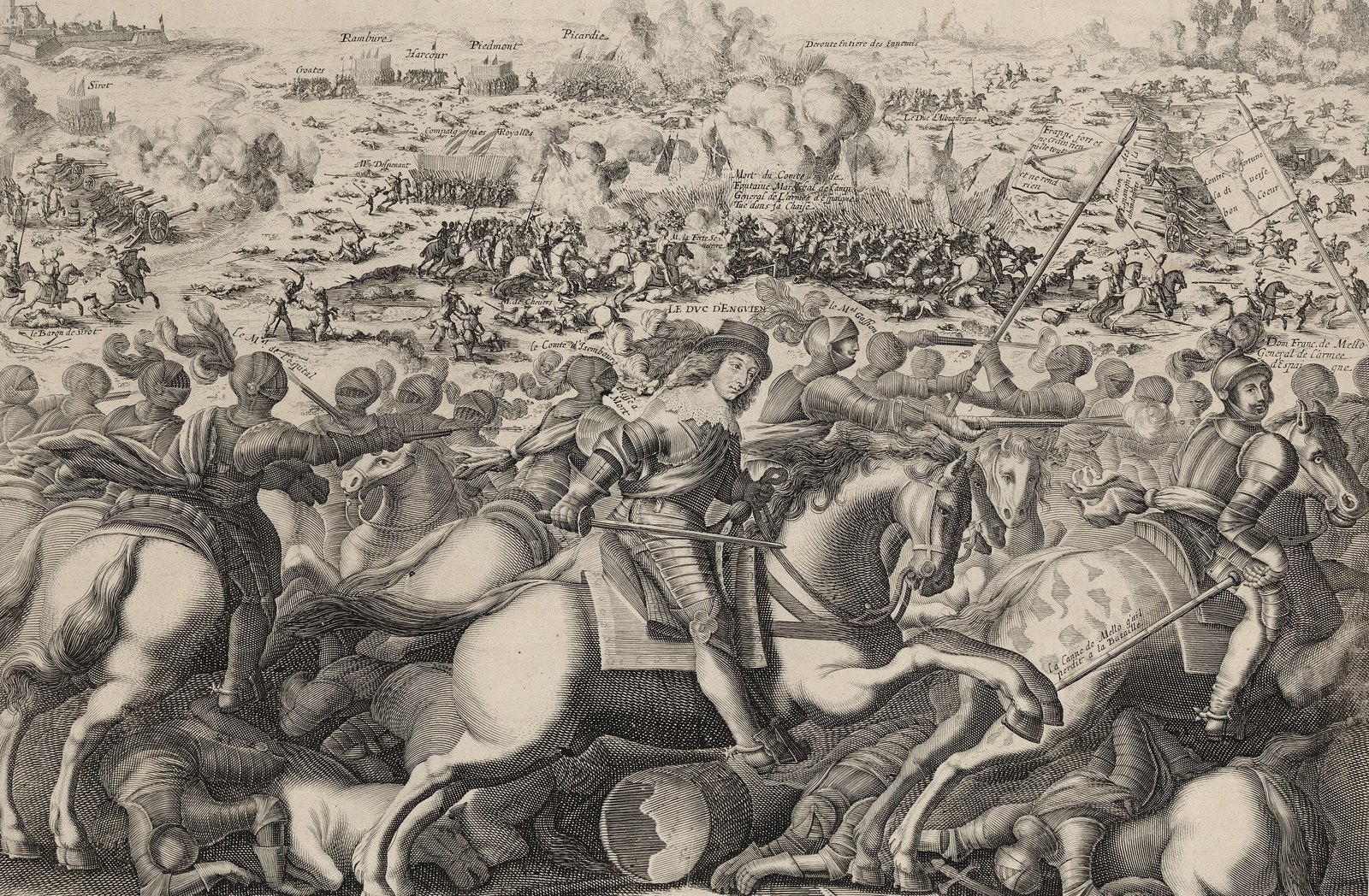 1644 engraving of the Battle of Rocroi: the young Duke of Enghien leads his cavalry in the foreground while the armies clash before the town