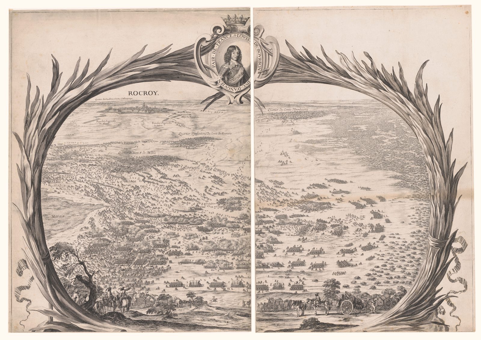 Bird's-eye engraving of the Battle of Rocroi in 1643: the armies spread across the plain below the town of Rocroy, framed by branches with a portrait medallion of the Duke of Enghien at the top