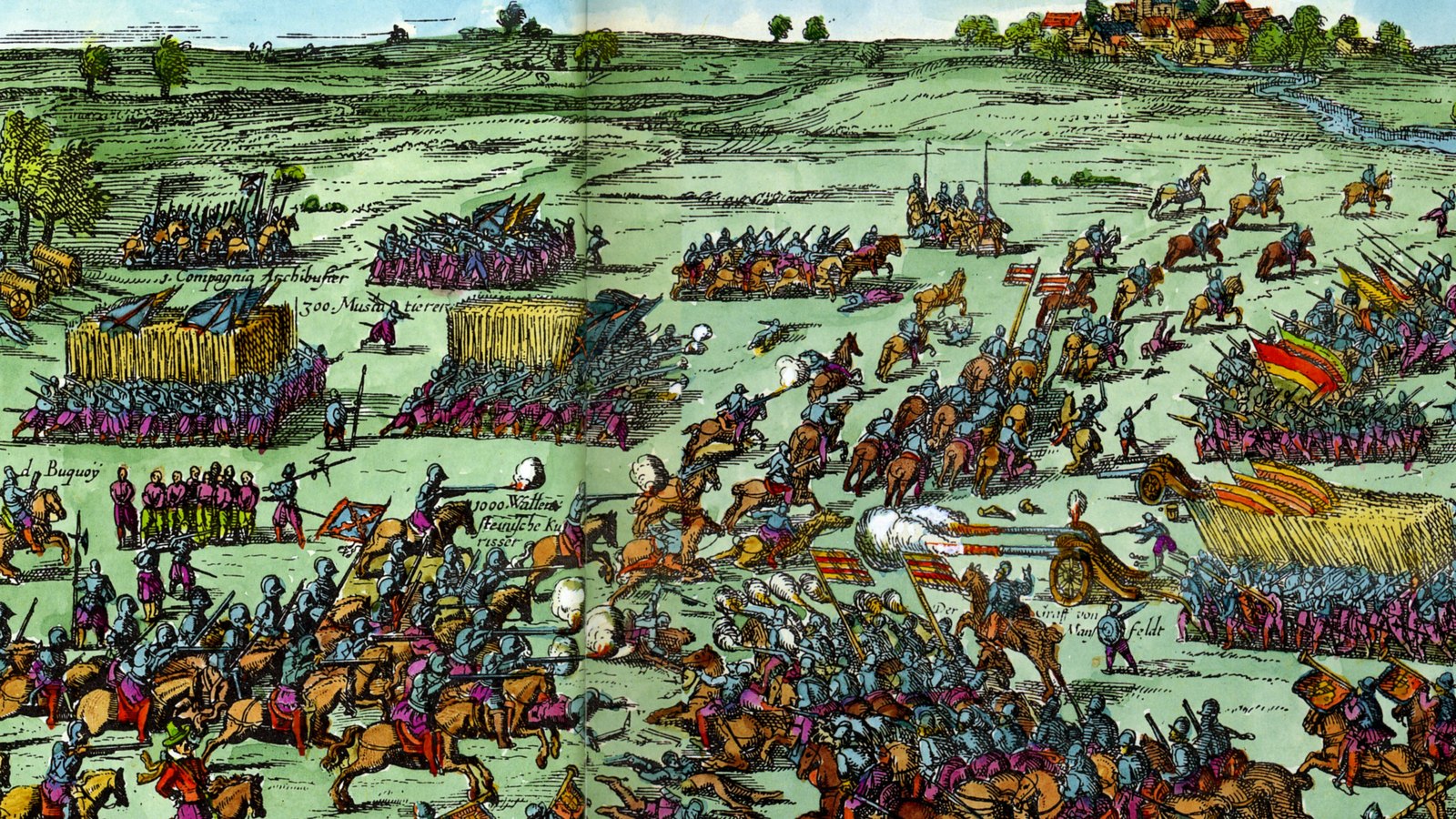 Hand-colored seventeenth-century etching of cavalry charging across green fields, with squares of pikemen, musketeers firing and a village with a church spire on the horizon.