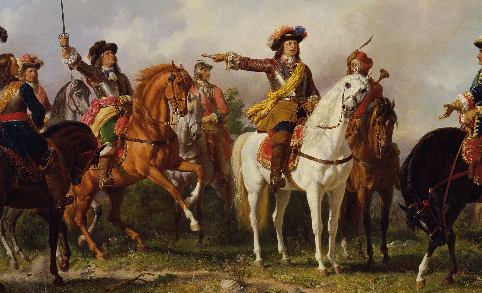 Painting of seventeenth-century commanders on horseback in plumed hats and sashes, the central rider on a white horse pointing forward, with officers raising swords and hats around him.