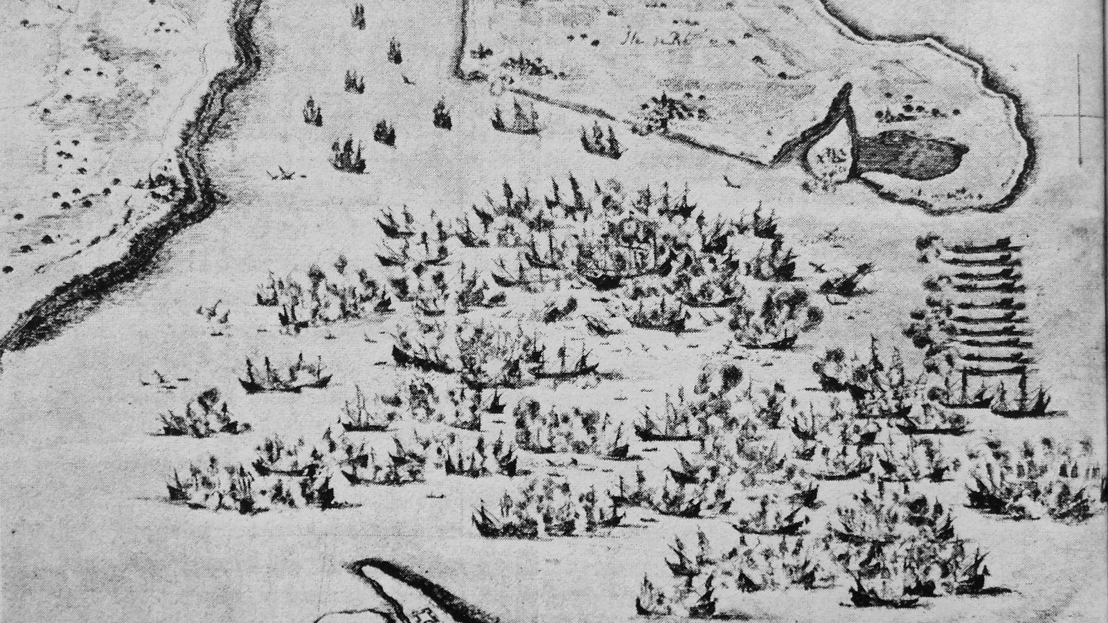 Old black and white bird's-eye engraving of a sea battle: dozens of sailing ships firing in clouds of smoke between a coastline on the left and the Île de Ré at the top, with a line of oared galleys on the right