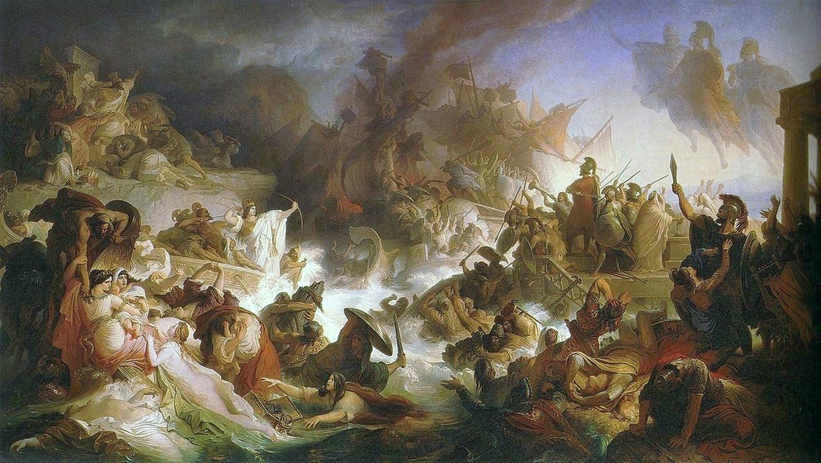 Wilhelm von Kaulbach's 1868 painting of the Battle of Salamis, with Greek warriors storming a ship as the Persian fleet founders in the strait and Xerxes watches from his throne