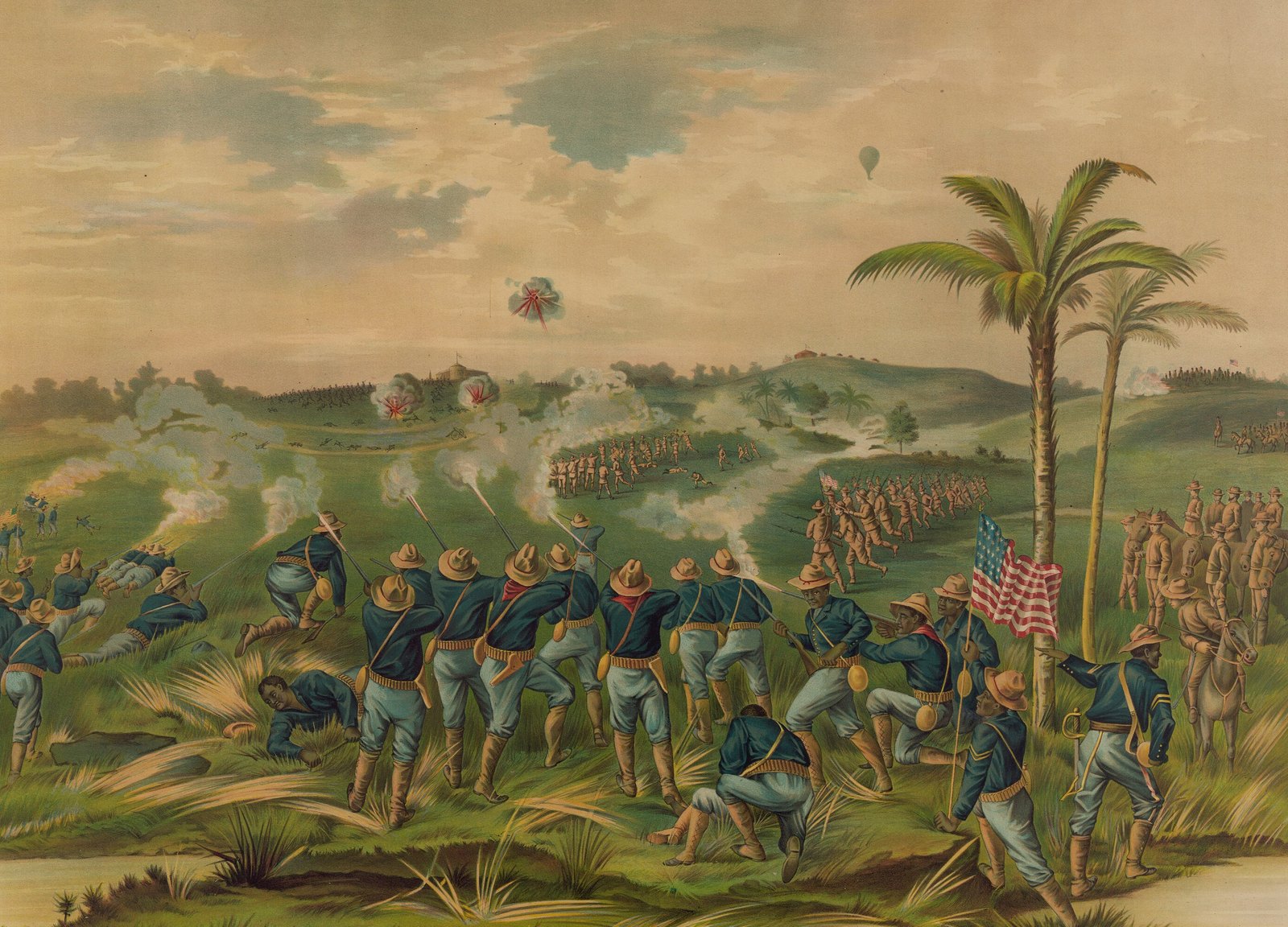 1899 chromolithograph of the Tenth Cavalry charging up San Juan Hill past palm trees with the American flag