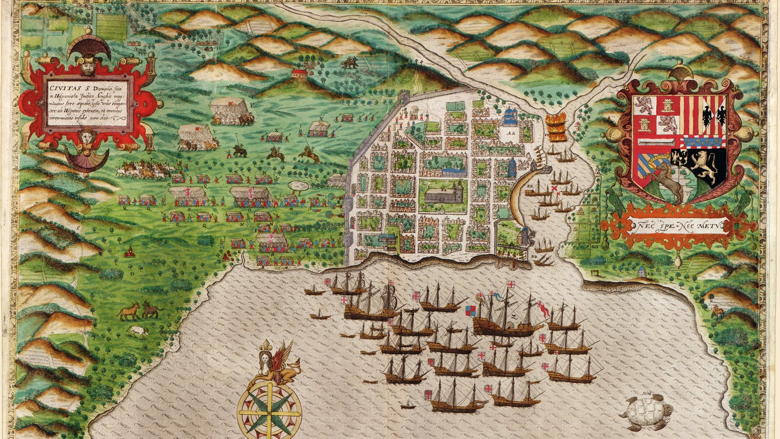 Hand-colored 16th-century map of a walled colonial city on a bay full of English ships, with troops camped in green hills, a compass rose, a crocodile and a turtle in the sea.