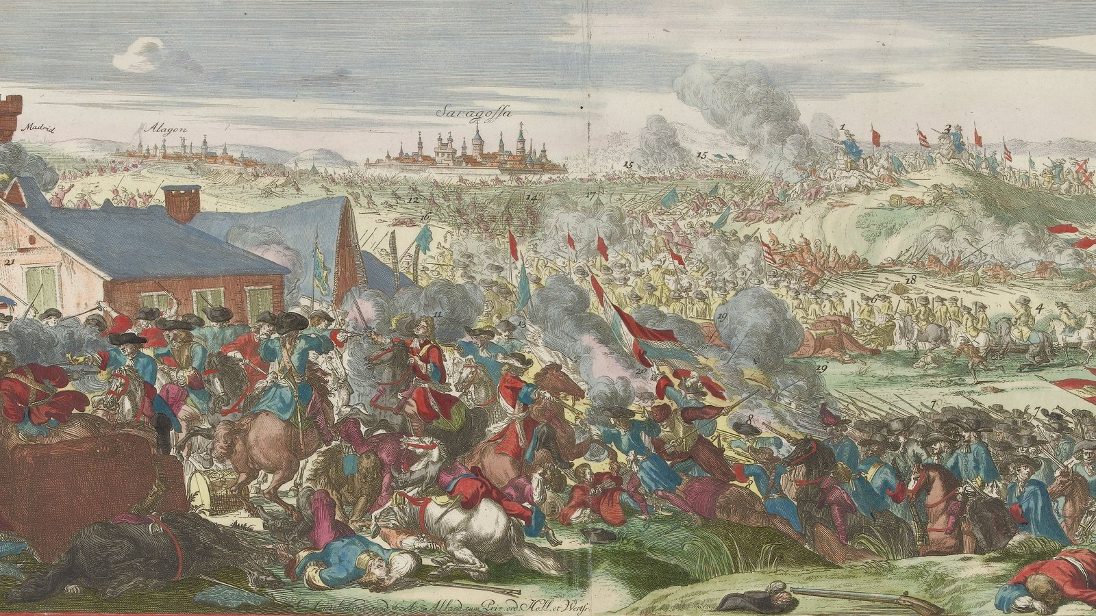 Hand-colored Dutch print of a cavalry battle before a walled city, with horsemen and infantry clashing in the foreground, smoke and banners across a plain, and the town of Saragossa on the horizon.
