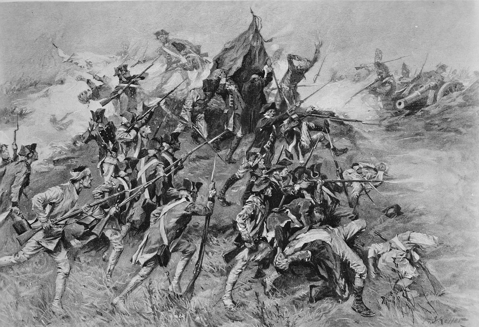 Black and white illustration of soldiers in tricorn hats with bayonets storming an earthwork through smoke, a torn flag raised in the middle of the crowd, cannon firing from the top of the parapet on the right and wounded men lying in the grass.