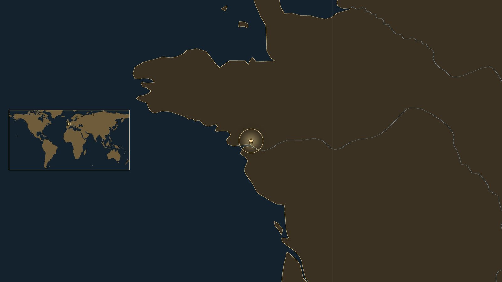 Dark locator map of western France with the Atlantic coast, the Loire estuary and a gold star just north of the river near Nantes, with a small world map inset.