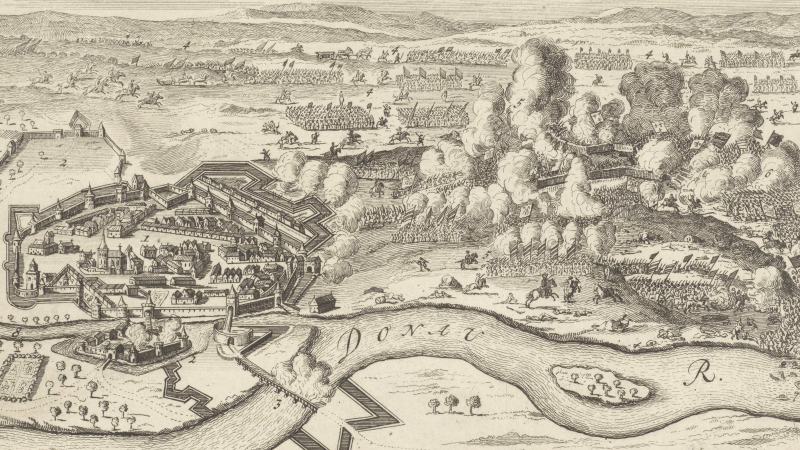 Etching of the Battle of the Schellenberg: the walled town of Donauwörth on the Danube at left, and on the hill beyond it columns of troops attacking entrenchments amid clouds of gun smoke.