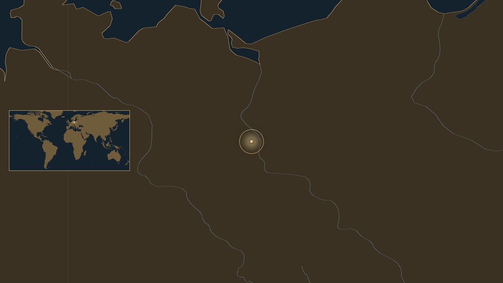 Dark locator map of northeastern Germany and western Poland with the Oder river and the Baltic coast to the north, a gold star on the Seelow Heights west of the Oder, and a small world map inset.