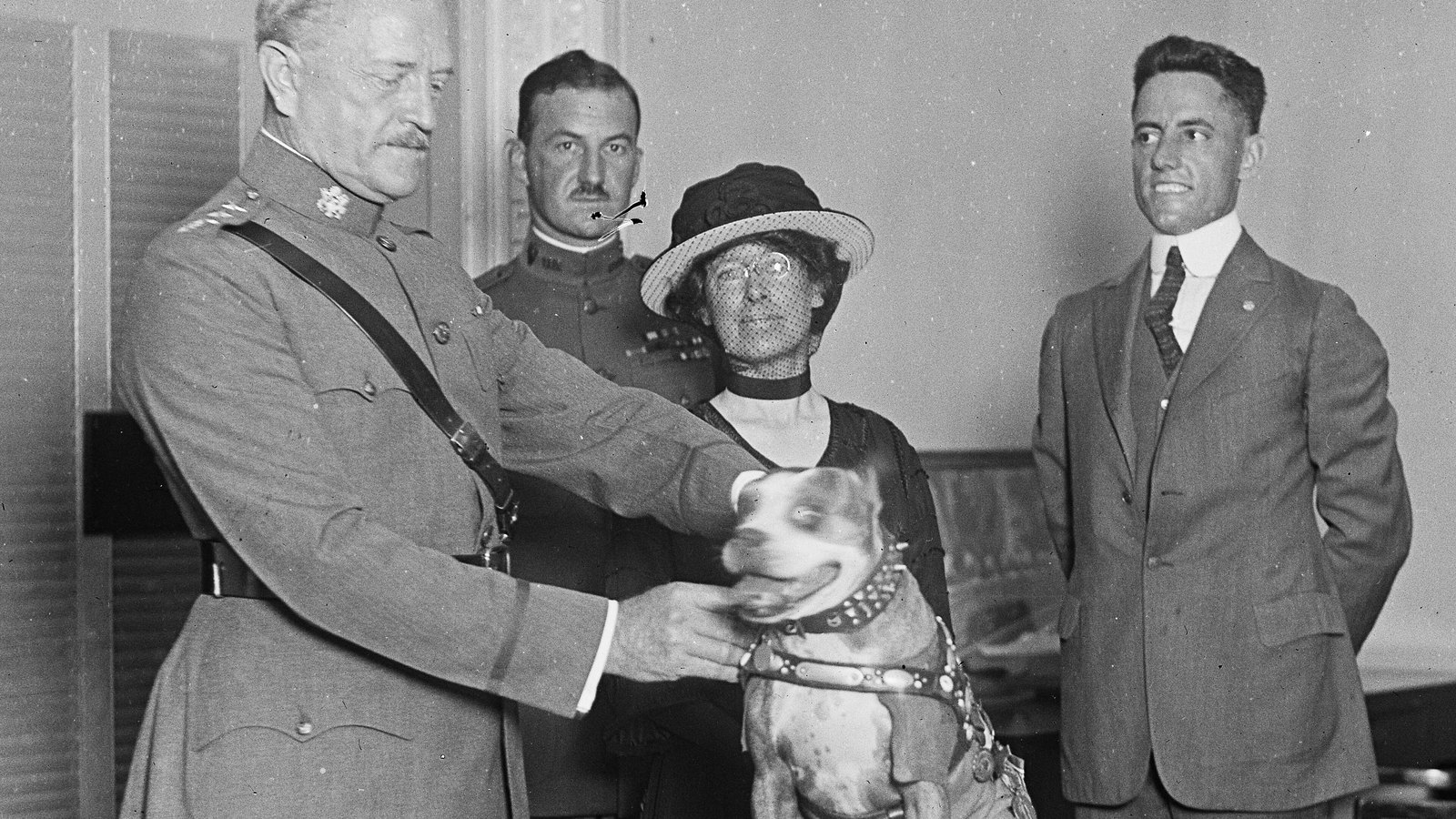 General John J. Pershing presents a medal to Sergeant Stubby, the dog of the 102nd Infantry, with Robert Conroy standing behind, 1921