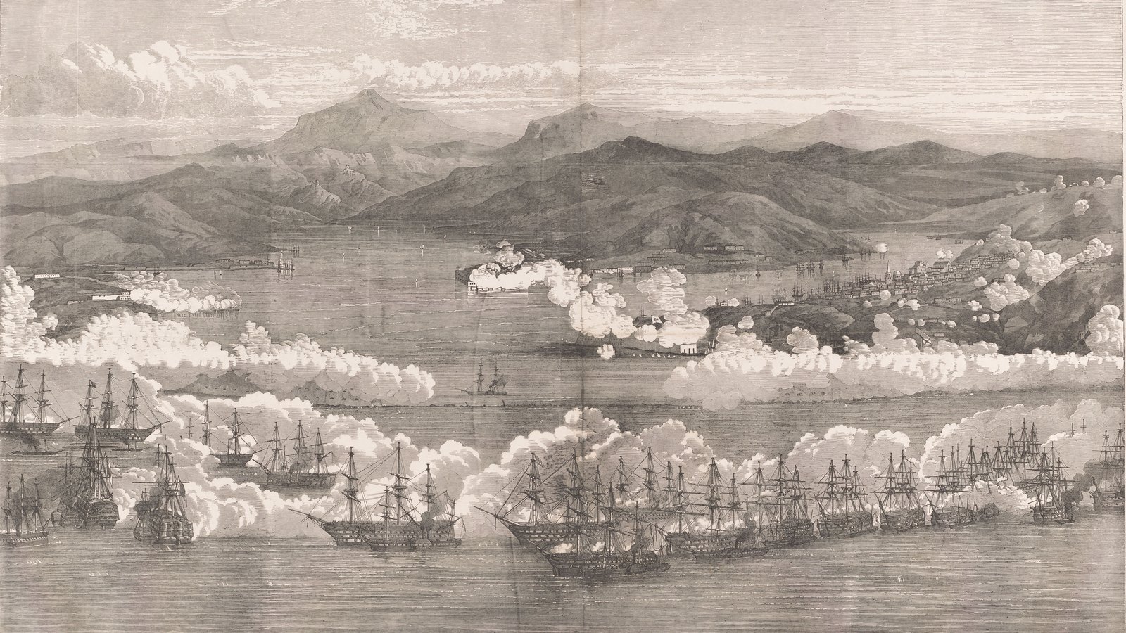 Engraved panorama of a harbor city on hills, with a long line of sailing warships firing broadsides in clouds of white smoke in the foreground.