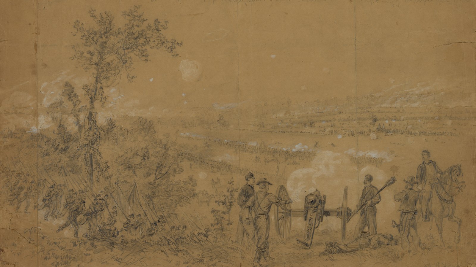 Pencil sketch of a Union artillery crew and officers on a hillside beside a cannon, with lines of troops and gun smoke across a wide valley below.