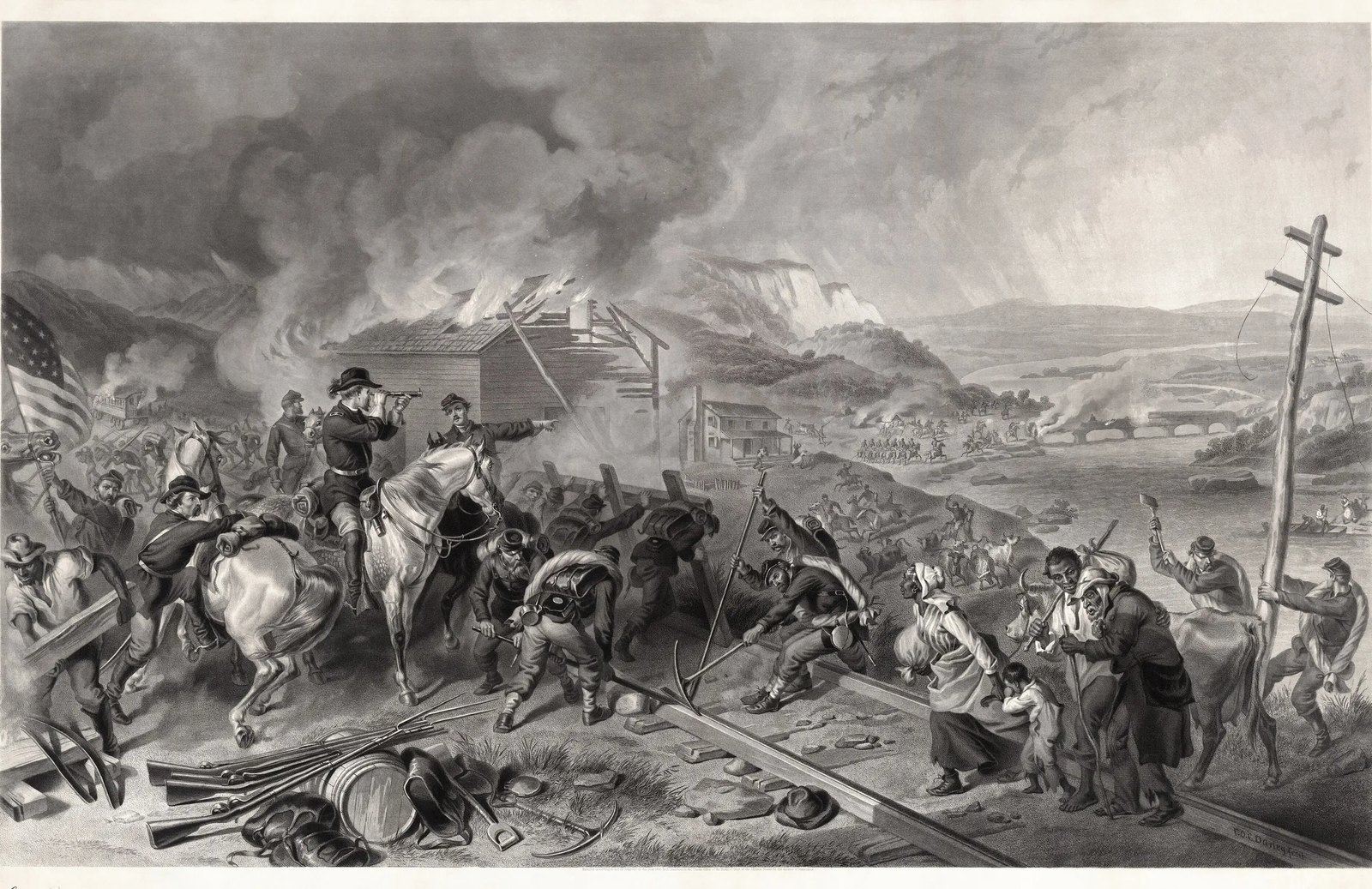 Rycina według F. O. C. Darleya (1868): żołnierze Unii zrywają tory i palą zabudowania, konny oficer patrzy przez lunetę, obok wojska idą wyzwolone rodziny; scena wyobrażona