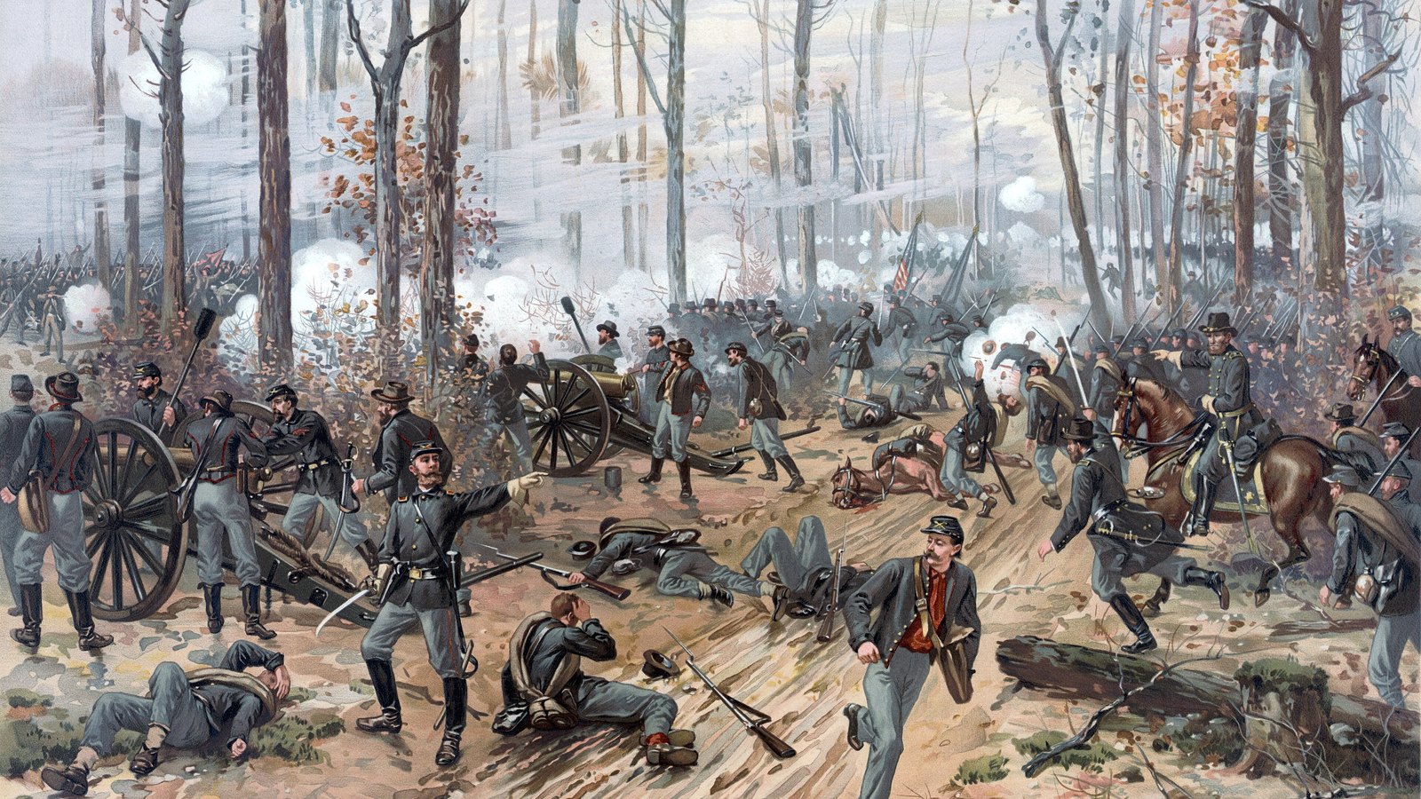 Union and Confederate troops in combat at the Battle of Shiloh, painting by Thure de Thulstrup