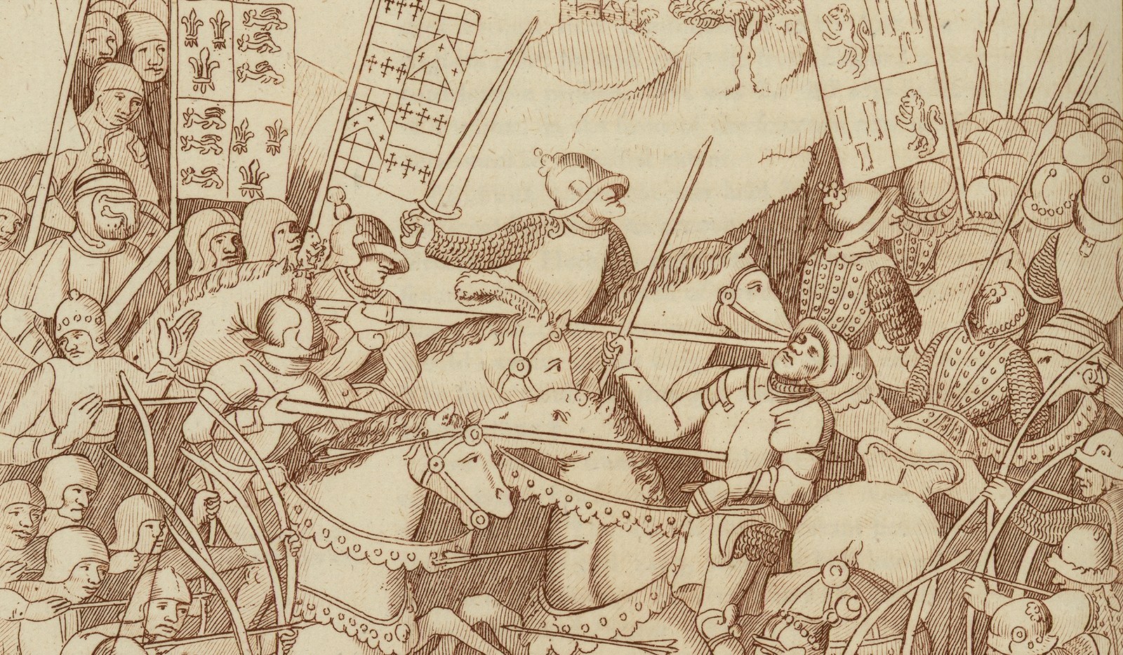Sepia line drawing of a medieval battle: armored horsemen with swords and lances collide in the center, one rider thrown back in the saddle, while longbowmen draw and loose arrows on both flanks and banners with the royal arms of England and other coats of arms rise above the crowd