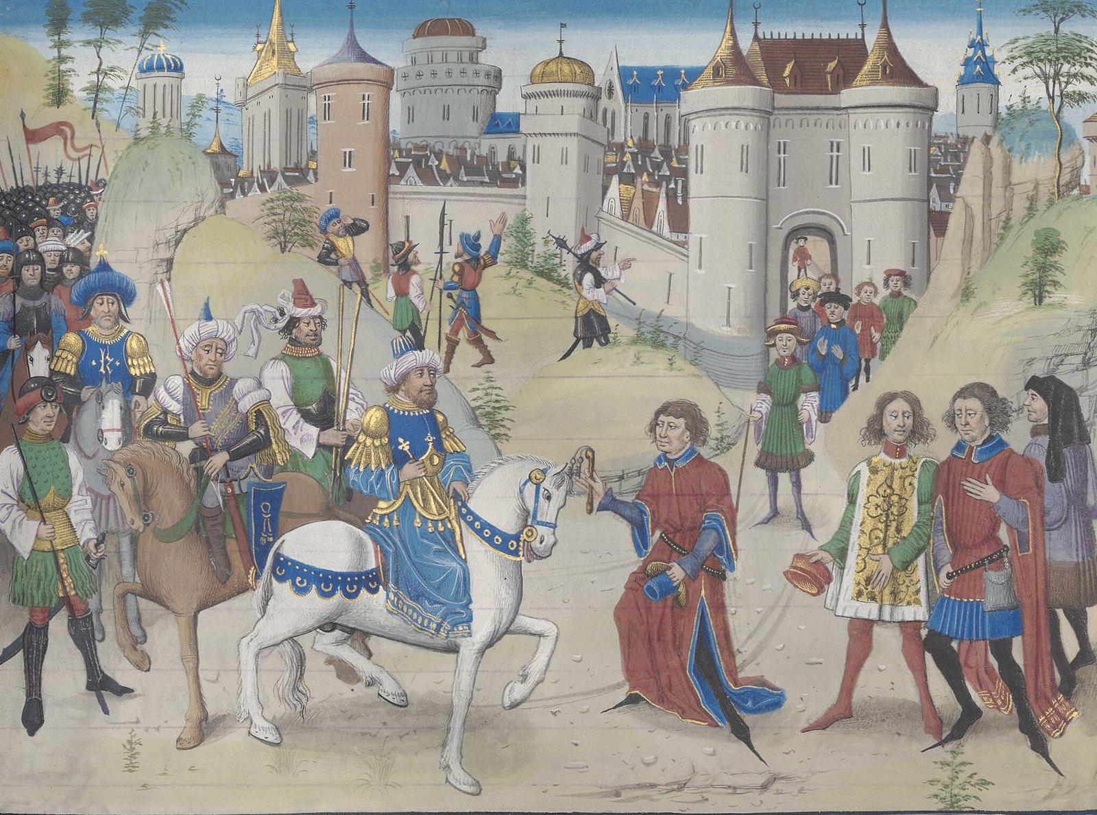 Fifteenth century miniature by Loyset Liedet of Saladin taking Jerusalem in 1187: the sultan on a white horse receives the keys of the city from its citizens before the gate