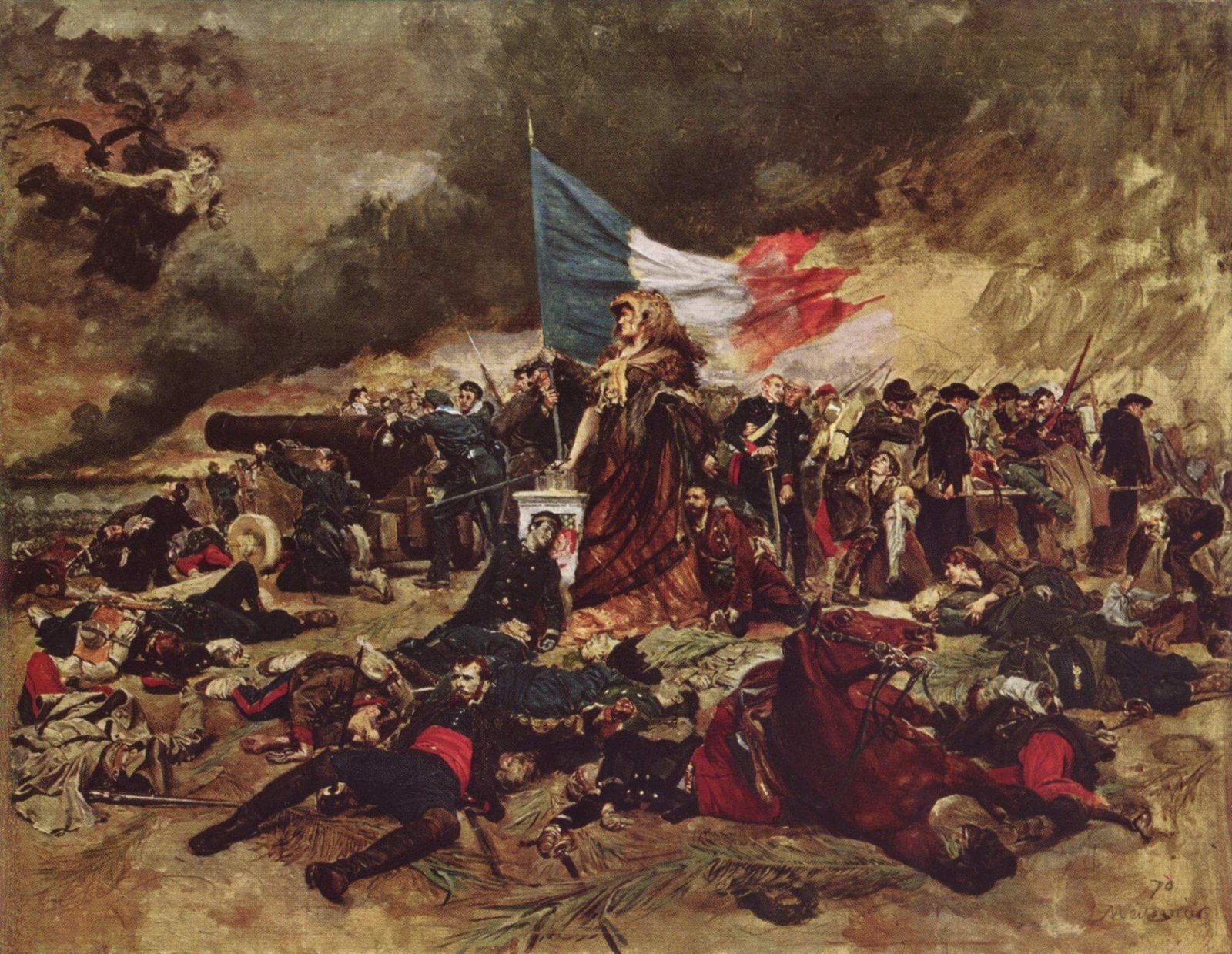 Allegorical painting: a woman in a lion skin, standing for Paris, holds a French tricolor above a field of dead and wounded soldiers, gunners work a cannon behind her, and a dark spectre with an eagle hovers in the smoky sky.