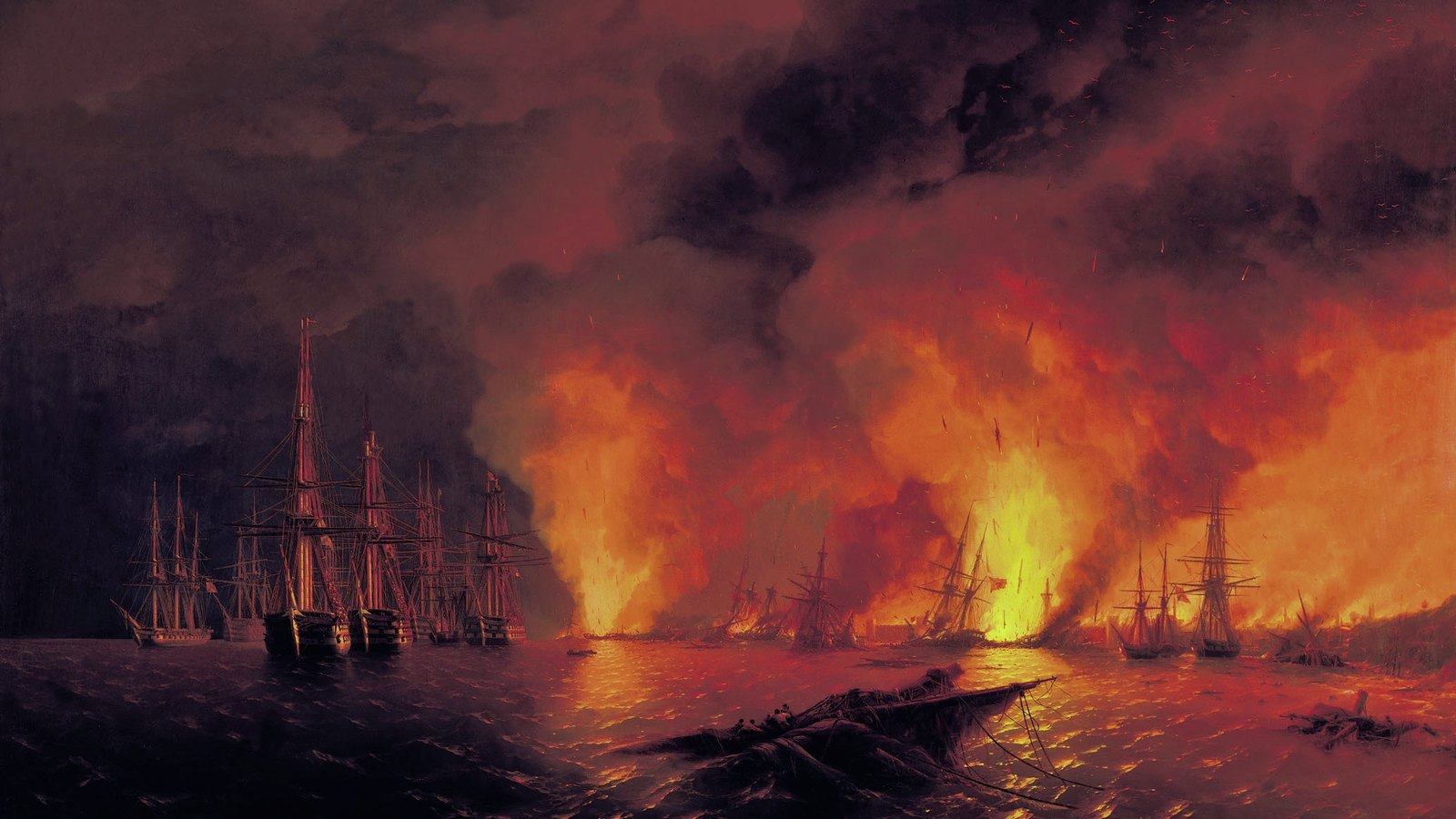 Painting of the Battle of Sinop at night: Russian ships of the line stand on the left while the Ottoman ships and the harbor burn in great red and orange flames under a sky of smoke.
