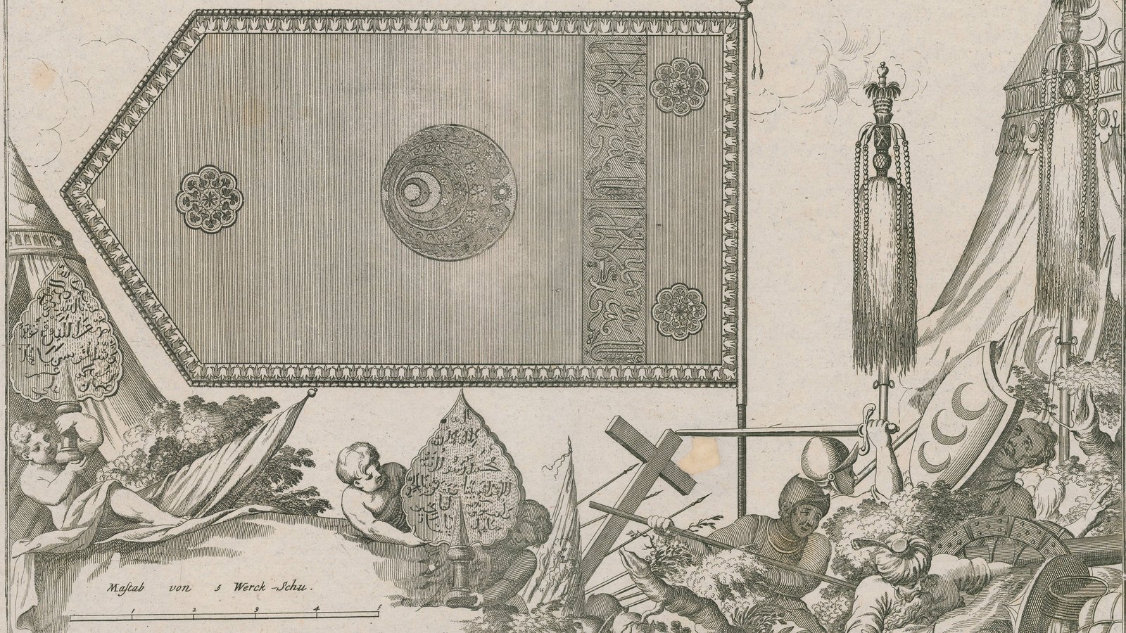 Engraving of 1691 showing the captured Ottoman main banner with a crescent emblem and Arabic inscriptions, flanked by tents, horsetail standards, weapons and fallen Ottoman soldiers.