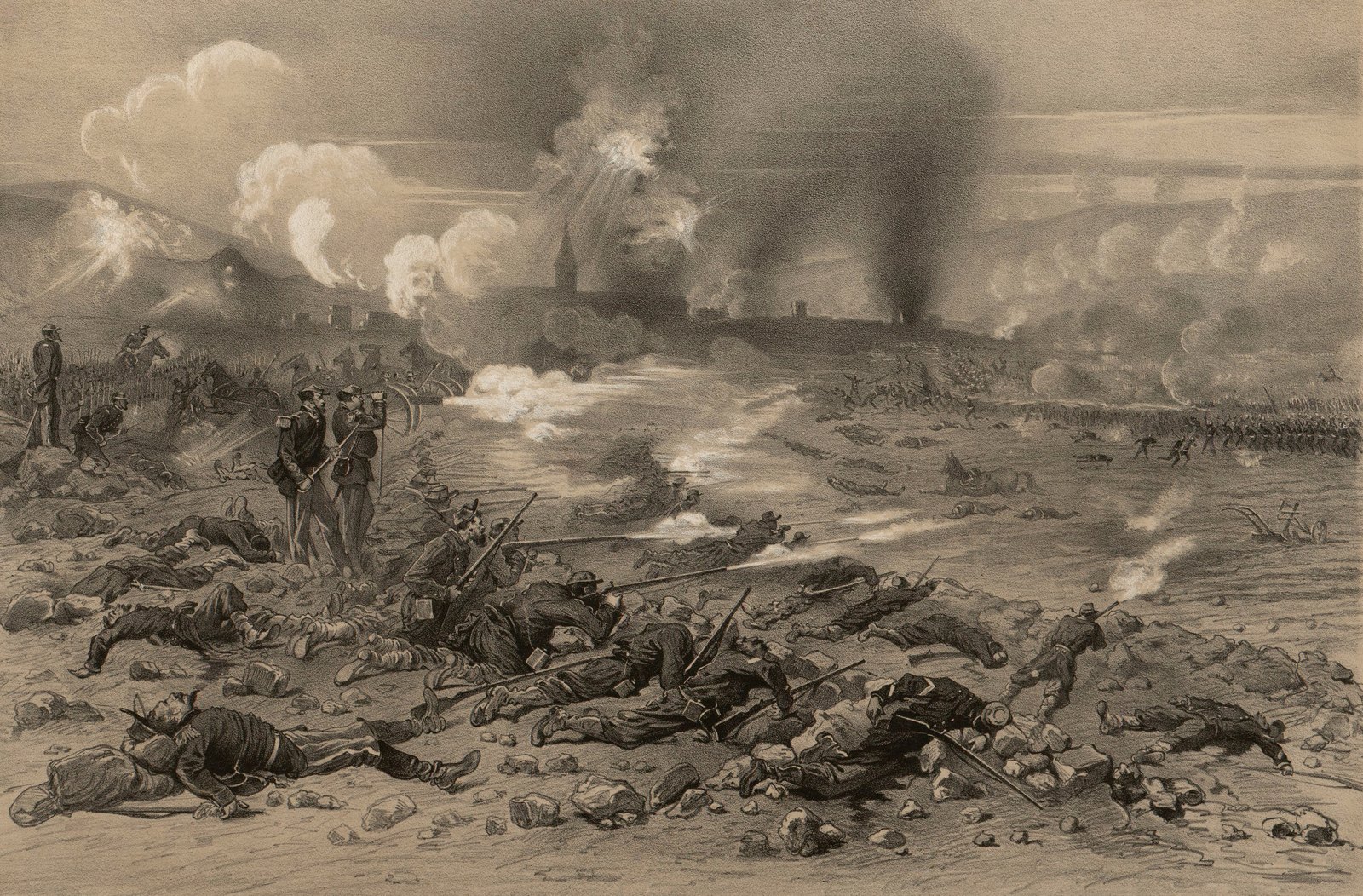 Nineteenth-century lithograph of a battlefield strewn with fallen French soldiers in the foreground, infantry firing across an open plain and smoke rising over a town and hills in the distance.