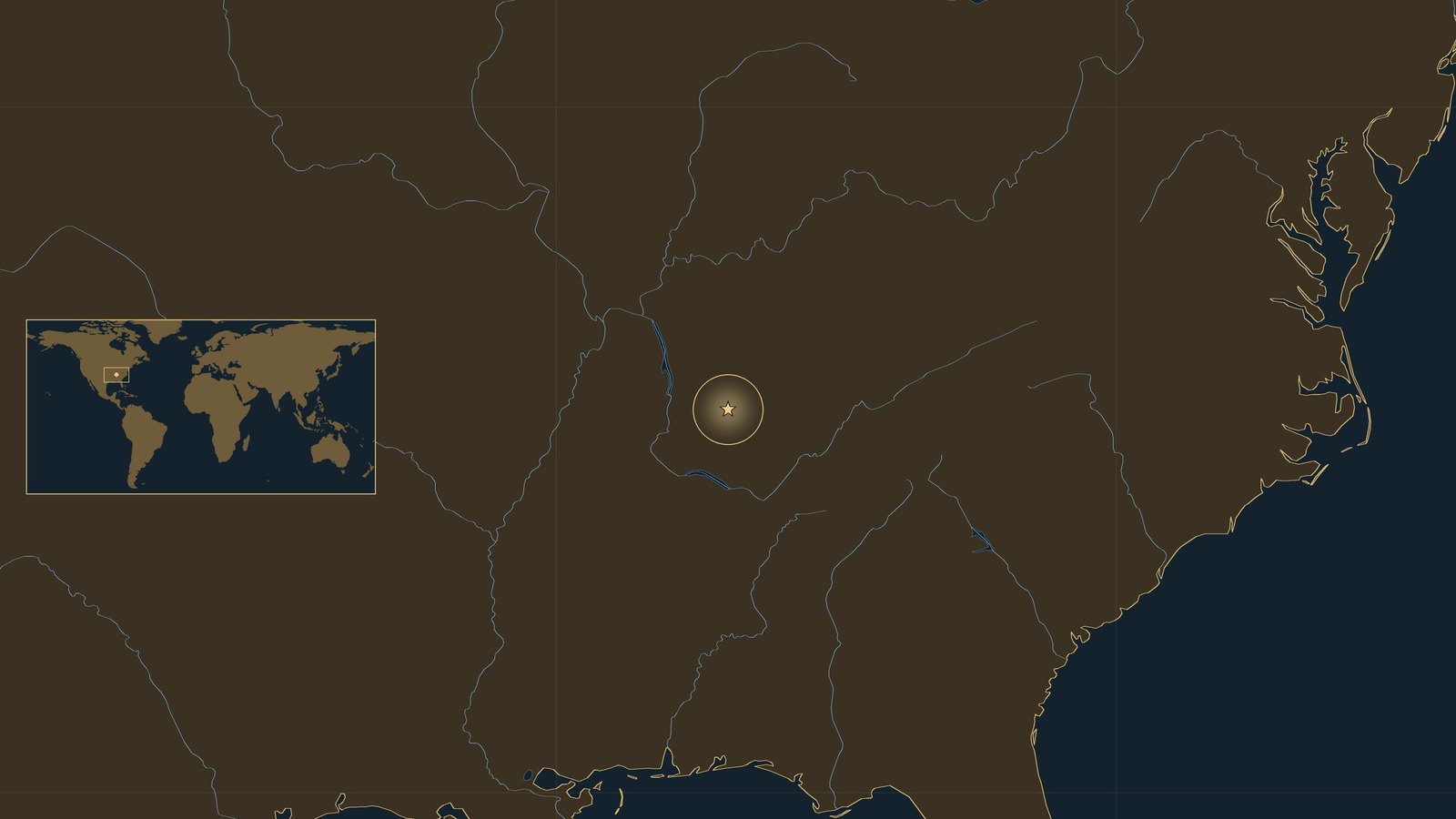 Dark locator map of the southeastern United States with rivers and coastline in gold and blue, a glowing star marking Spring Hill in central Tennessee, and a world map inset.