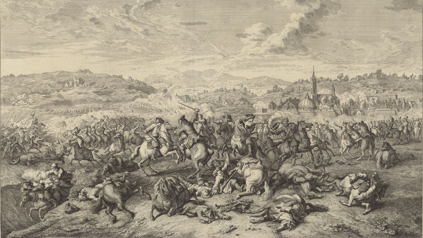 Engraving of the Battle of Staffarda: cavalry clash in the foreground among fallen horses and riders, with a town with a tall spire and hills in the background under a cloudy sky.