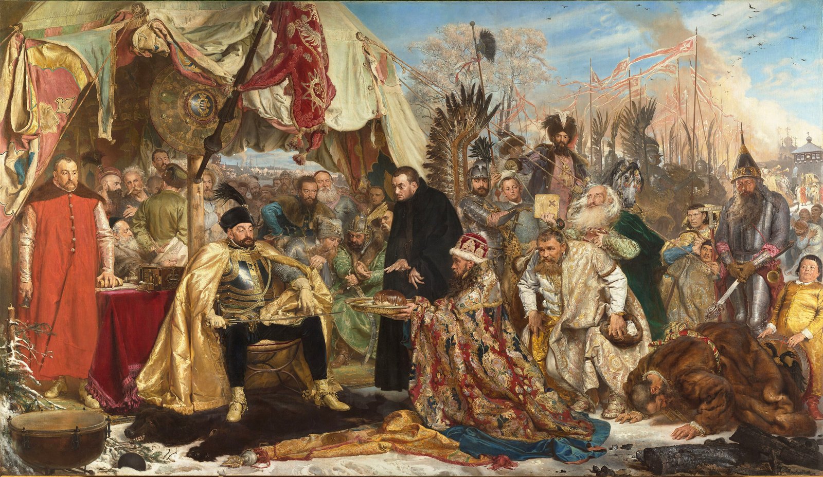 Jan Matejko's painting Stephen Báthory at Pskov, 1872: Muscovite envoys kneel before the seated king to sue for peace