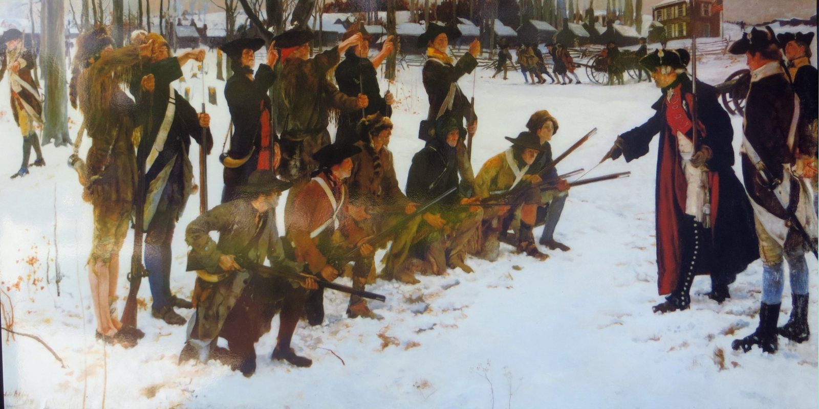 Edwin Austin Abbey's painting of Baron von Steuben in a long dark coat correcting a line of ragged Continental soldiers holding muskets in the snow at Valley Forge