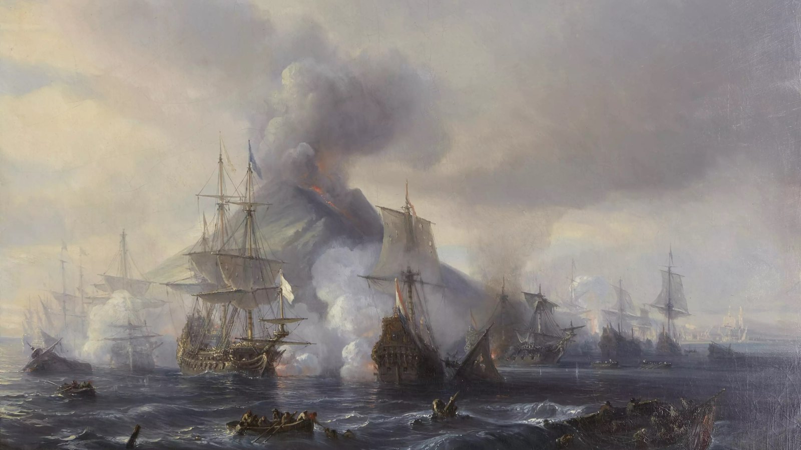 Painting of sailing warships firing broadsides in a rough sea, with a smoking volcanic island behind them, a dismasted wreck and boats full of survivors in the foreground.