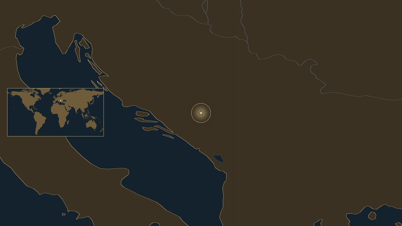 Dark locator map of the western Balkans with the Adriatic coast and rivers, a gold star marking Tjentište on the Sutjeska river in eastern Bosnia, and a small world map inset.